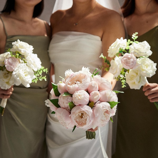 Bukiet ślubny z piwonii: rustykalny różowy, sztuczne kwiaty ślubne z prawdziwego materiału, butonierka, dodatki ślubne