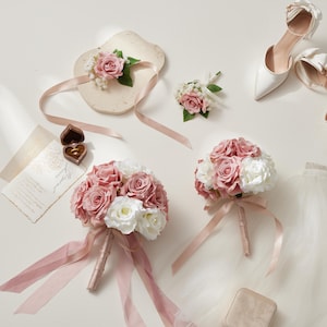 Dusty Pink & White Rose Wedding Bouquet: Keepsake Bridal Flowers,  Corsage and Boutonniere, Bridesmaid Bouquet, Wedding Decoration