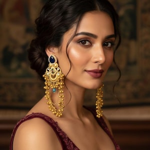May include: Gold-toned chandelier earrings with a large, dark blue gemstone at the top. The earrings feature intricate filigree and dangling beaded chains. Additional gemstones in green and white are also visible. The earrings are worn by a person with dark hair and a burgundy top.