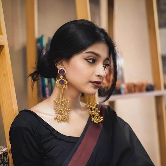 Ghungroo Chain Kundan Kashmiri Jhumka, South Indian Jhumka Earrings, Gold Plated Jewelry