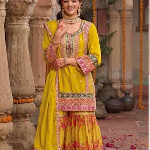 Chic Stylish Sharara Suit For Women Party Wear Indian Ethnic Outfit with Heavy Embroidery and Flared Bottoms
