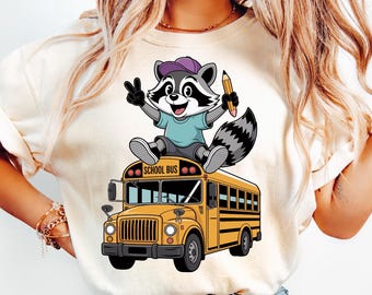 Funny Raccoon Back To School T-Shirt, Kids Animal Bus Tee