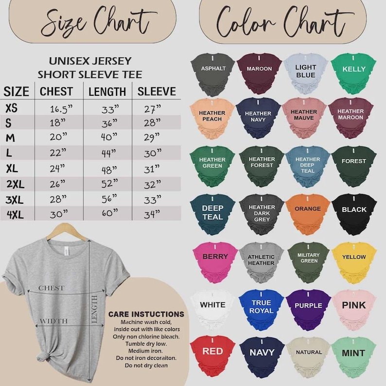 以下が含まれることがあります： ユニセックス半袖Tシャツのサイズと色を示すチャート。サイズチャートには、胸囲、着丈、袖丈のインチ単位の測定値が含まれています。カラーチャートには、黒、オレンジ、ピンクなど、さまざまな色が表示されています。