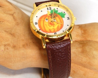 Vintage Halloween Armbanduhr Leder Kürbis Trick Treat Japan Mov't *braucht Batterie