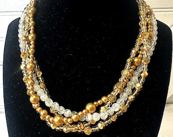 Vintage Choker Necklace Multi-strand Gold tone & White Faceted beads Adjustable