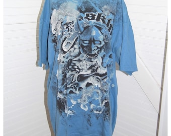Camiseta vintage de Skin Industries para hombre, talla XL, azul grunge, Y2K, con máscara de dragón Hannya