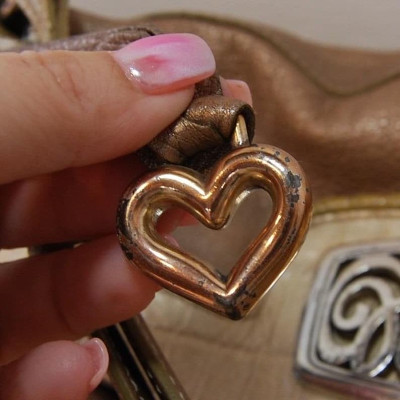 Vintage Brighton Hobo Purse Y2K Fold over Leder Umhängetasche Metallic Beige Bild 5