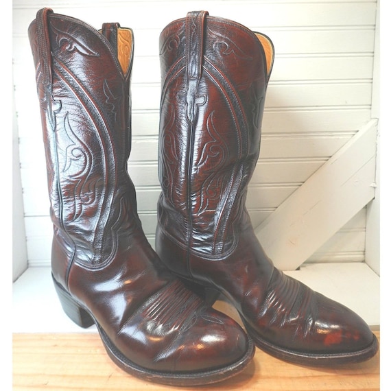 Vtg Lucchese San Antonio Boots Black Cherry Leather Men's size 8EEE Wide Classic