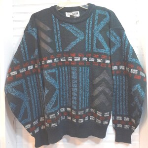 Vintage 90s 80s Knit Sweater Sunset Highway Men's Medium Leather Patchwork