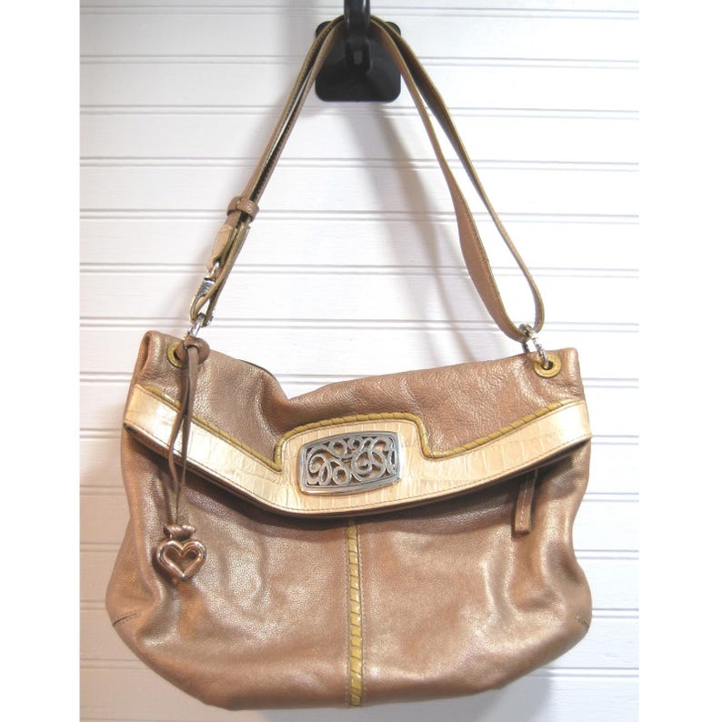 Vintage Brighton Hobo Purse Y2K Fold over Leder Umhängetasche Metallic Beige Bild 1