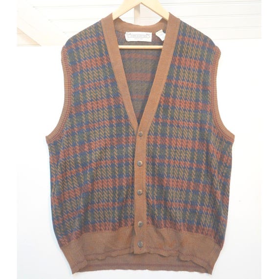 Vintage John Ashford Plaid Knit Sweater Vest Men's XL Grandpa-Core Wool Blend
