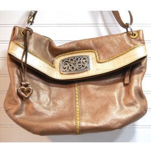 Vintage Brighton Hobo Purse Y2K Fold over Leder Umhängetasche Metallic Beige Bild 2