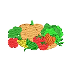 Op de afbeelding: Een geborduurd ontwerp met verschillende groenten. Een grote oranje pompoen staat centraal, omringd door groene broccoli, rode tomaten, een gele maïskolf en een groene paprika. Een wortel en groene bladgroenten maken de opstelling compleet.