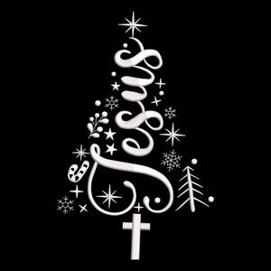 Puede incluir: Diseño de árbol de Navidad blanco sobre fondo negro. La palabra "Jesús" está escrita en cursiva dentro de la forma del árbol, decorada con estrellas, copos de nieve y una cruz en la parte inferior. Un diseño festivo y religioso.