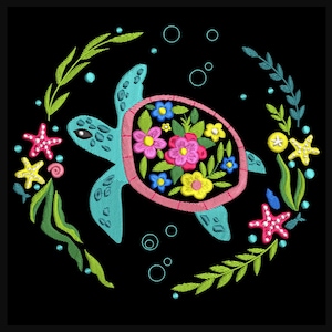 Sea Turtle Machine Embroidery Design, Floral Sea Turtle Embroidery Designs, Flower Turtle Embroidery Files, 5 sizes, Instant download