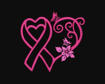 Diseño de bordado a máquina de mariposa con forma de corazón para superviviente de cáncer de mama, cinta de concientización con diseños de bordado de mariposas guerreras.