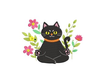 Diseño de bordado a máquina de gato negro floral, diseños de bordado de gatos, gatito yoga con flores, archivos de bordado, 5 tamaños, descarga instantánea