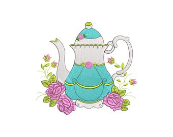 Diseño de bordado de tetera con rosas - Diseño de bordado de taza con flores - Patrón de bordado a máquina - Archivo de toalla de cocina - Descarga instantánea