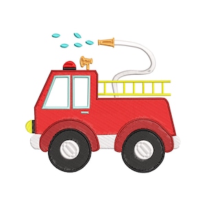 May include: A red fire truck illustration with black wheels, a yellow ladder, and a white hose spraying water. The truck has a red cab with a yellow light and a siren. The image is a cartoon style.