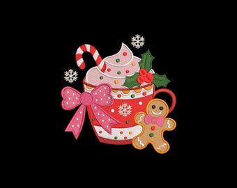 Diseño de bordado para taza navideña: chocolate caliente, pan de jengibre y bastón de caramelo. Disponible en 6 tamaños. Descarga inmediata.