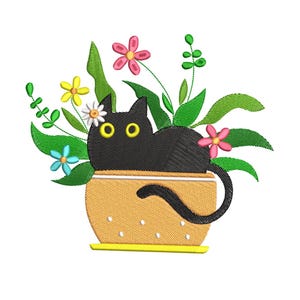 May include: Embroidered design of a black cat with yellow eyes, nestled in a tan pot filled with colorful flowers and green leaves. The cat's tail curls around the pot, creating a whimsical scene.