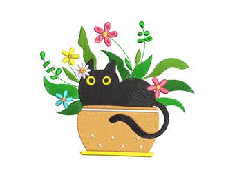 Diseño de bordado a máquina de gato en maceta, diseños de bordado de gato negro, archivos de bordado de gato negro, 5 tamaños, descarga instantánea