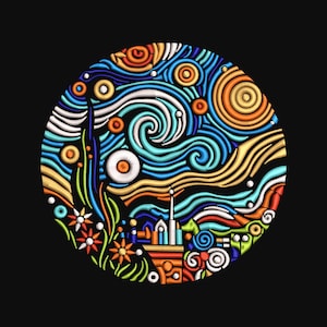 May include: Circular embroidered design on a black background, depicting Van Gogh's "Starry Night." The artwork uses swirling lines in blue, orange, yellow, and white, with a village scene at the bottom. The design includes stars and a crescent moon, reminiscent of the famous painting.
