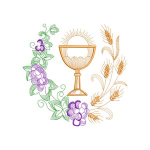 May include: Embroidered design featuring a gold chalice with a radiant sunburst, surrounded by wheat stalks, green leaves, and purple grapes. The design is suitable for religious themes.