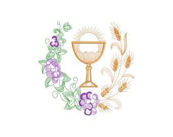 Diseños de bordado de Eucaristía, diseño de bordado de Comunión Católica, bordado a máquina, Iglesia de Uvas y Trigo - descarga instantánea