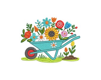 Diseño de bordado a máquina de jardinería, diseños de bordado de carretilla floral, archivos de bordado de carretilla floral, 5 tamaños, descarga instantánea