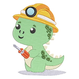 May include: An embroidered design of a cartoon dinosaur wearing a yellow construction hat with a light and holding a screwdriver. The dinosaur is green with a light green belly and a light beige outline.