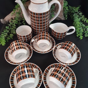 Vintage Retro 1960s Midwinter Nigel Wilde Diagonal Coffee Set - Coffee Pot / Sugar Bowl / Creamer Milk Jug / 5 x Cups and Saucers