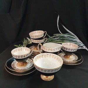 Vintage Chodziez Polish Ceramic Tea Set - 4 Trio Cups, Saucers and Side Plates, Sugar Bowl and Creamer -  Black and White With Gold Trim