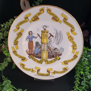 May include: A decorative white plate with a gold rim, featuring a central illustration of a miner's lamp, a dove, and figures. Yellow banners with town names encircle the plate. The text "BARNSLEY WIVES ACTION GROUP 1984/5" is also visible.