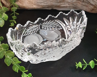 Lead Crystal Candy Dish – Vintage Etched Fruit Design, Scalloped Oval Bowl