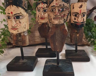 Indian Hand-carved Wooden Figure - Folk Art Puppet Heads - Hindu or Buddhist Theme - Traditional Bindi