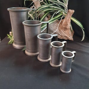 French Antique Set of 5 Graduated Pewter Measuring Cups / Jugs - Decorative Kitchen Utensils - French Country Kitchen