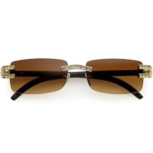 Rhinestone Sunglasses Rimless Buffs Brown Lens Fashion Shades Music Party Shades Hip Hop Street image 2