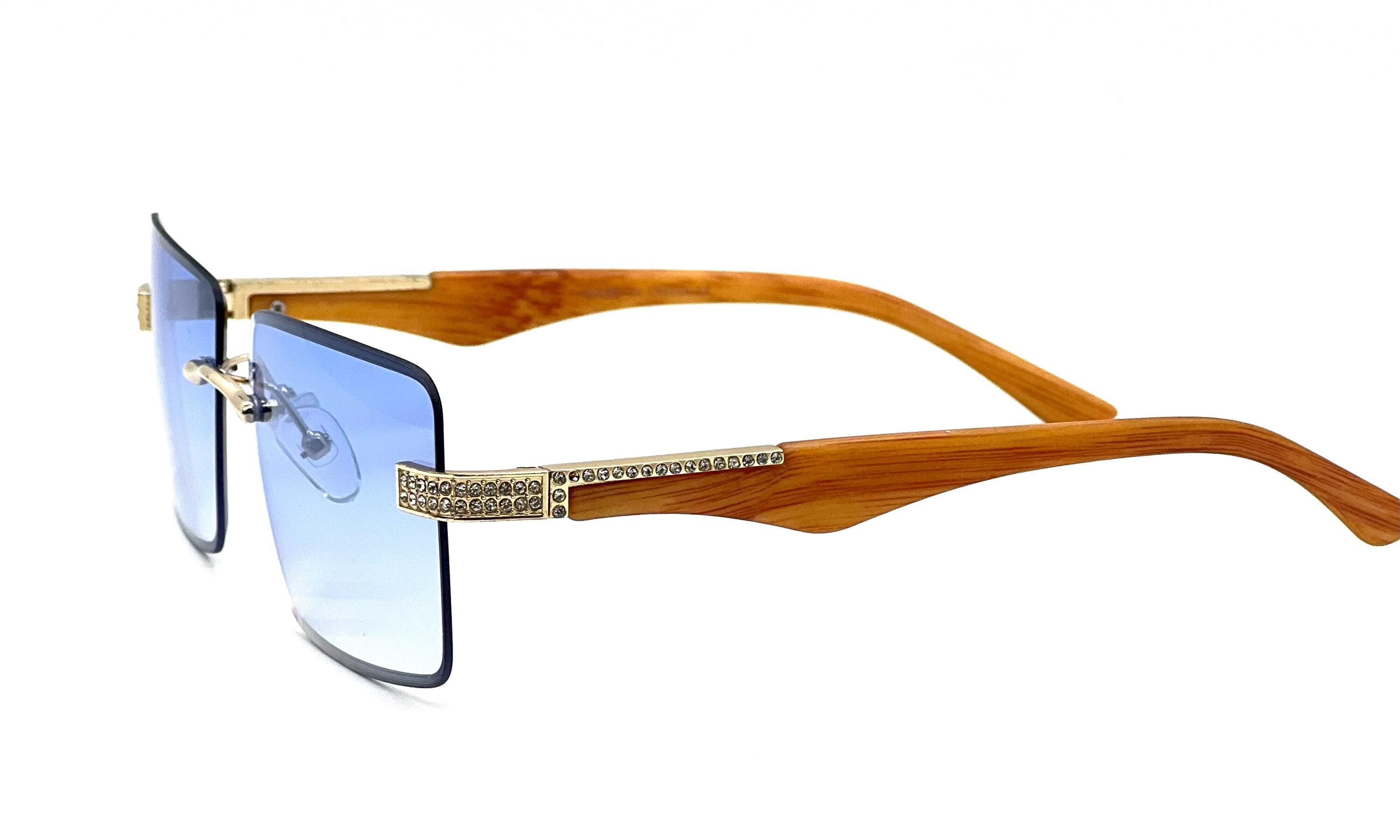 Rimless Sunglasses Wood Grain Frame Rhinestone Accents Blue  display picture 3