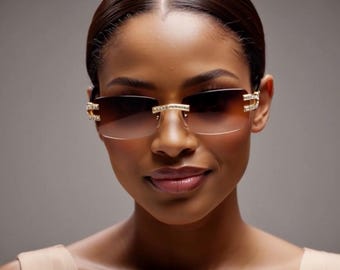 Rimmed Detail Rimless Women Sunglasses Brown Gradient Lens Women Sophisticated Outdoor Luxury Shades Diamond