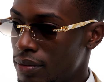 Rimless Sunglasses Gold Rhinestone Accents Fashion Clear Eyewear Men Lentes New