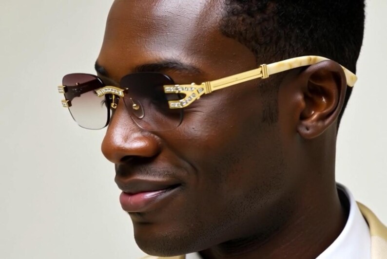 Rhinestone Sunglasses Rimless Buffs Brown Lens Fashion Shades Music Party Shades Hip Hop Street image 9