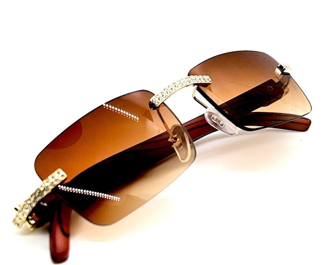 Square Men Sunglasses Rimless Brown Lens Fashion HipHop Retro Street Trendy Wear