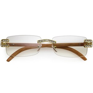 Rhinestone Sunglasses Rimless Buffs Brown Lens Fashion Shades Music Party Shades Hip Hop Street Clear Light Wood