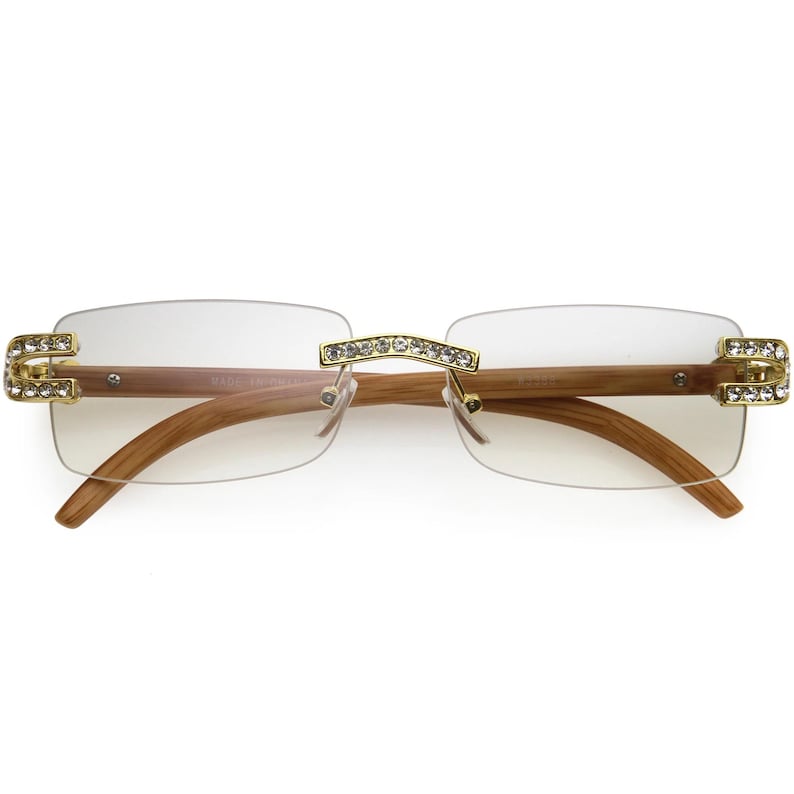 Rhinestone Sunglasses Rimless Buffs Brown Lens Fashion Shades Music Party Shades Hip Hop Street Clear Light Wood