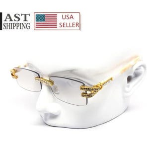 Rhinestone Men Sunglasses Rectangular Clear Lens Trendy Retro Frameless Hip Hop