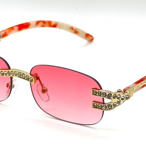 Rhinestone Sunglasses Rimless Buffs Brown Lens Fashion Shades Music Party Shades Hip Hop Street Red