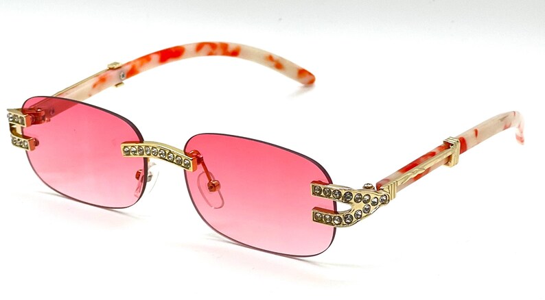 Rhinestone Sunglasses Rimless Buffs Brown Lens Fashion Shades Music Party Shades Hip Hop Street Red