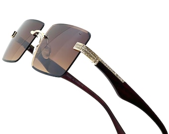 Rimless Sunglasses Men Square Rhinestone Brown Lens Fashion Shades Street Wear