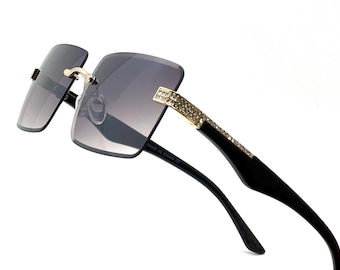 Rhinestone Rimless Sunglasses Women Fashion Shades Trendy Eyewear Luxury Lentes